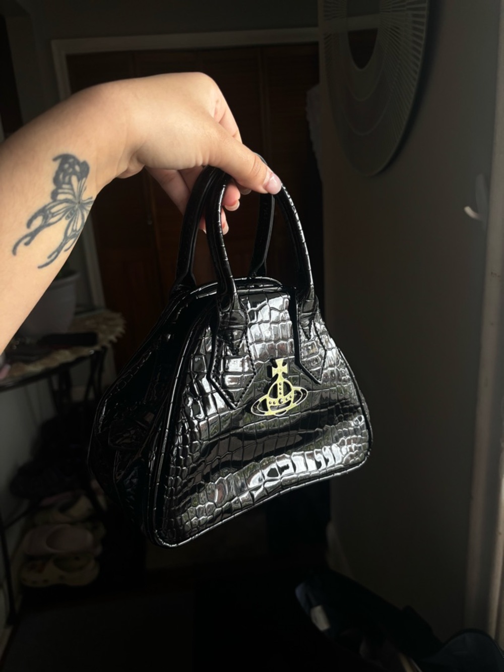 Vivienne Westwood Mini Yasmine Black Patent Croc Mini Satchel